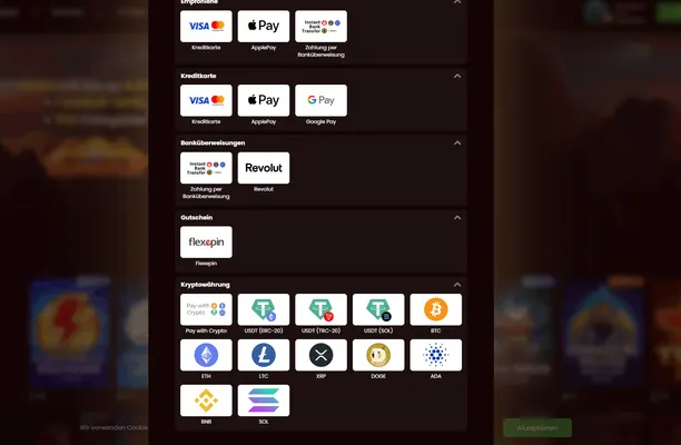 Dragonslots Casino deposit and payment methods screenshot