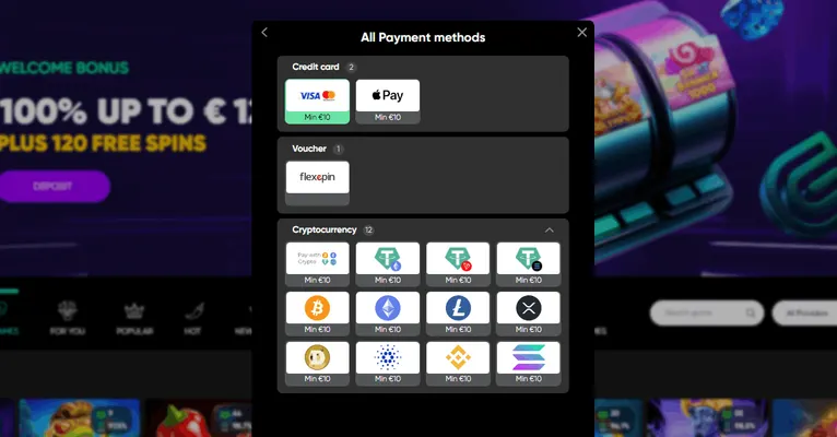 Granawin Casino deposit and payment methods screenshot